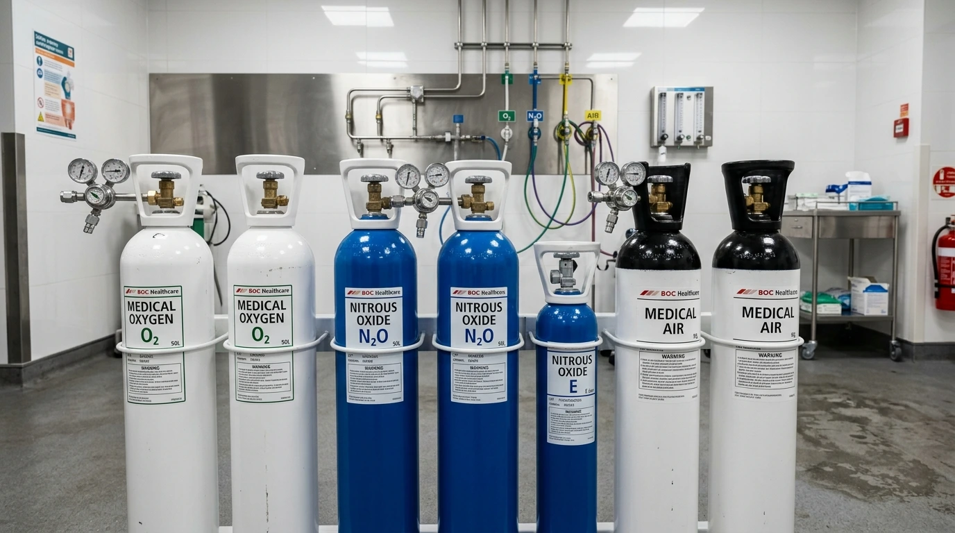 Medical gas cylinders and hospital gas systems illustration.